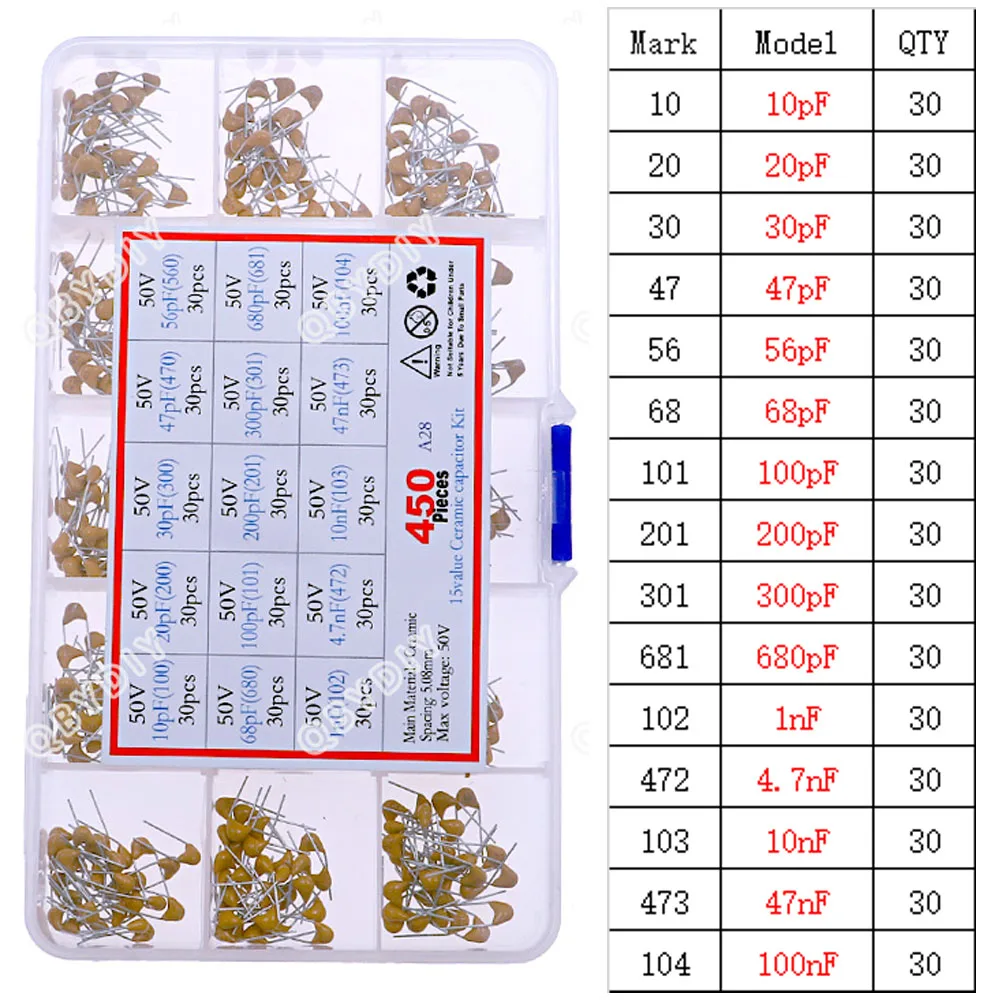 Electrolytic Capacitors Kit 50V Multilayer ceramic capacitor Mixed kit Box 101 102 103 104 105 10pF 22pF 47pF 68pF 200pF 1nF 10nF 100nF 0.1uF 1uF 4.7uF 10uF