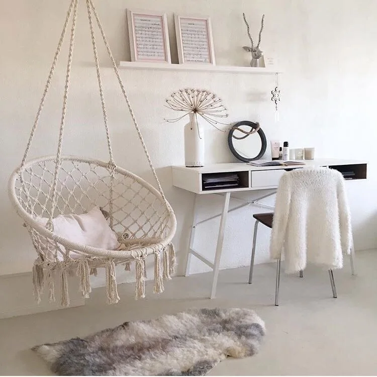 Nordic Style Round Hammock Swing Chair Safety Hanging Hammock Rope Hanging Garden Seat Beige Knitting Rope Swing Balcony Chair camping hammock disc swing