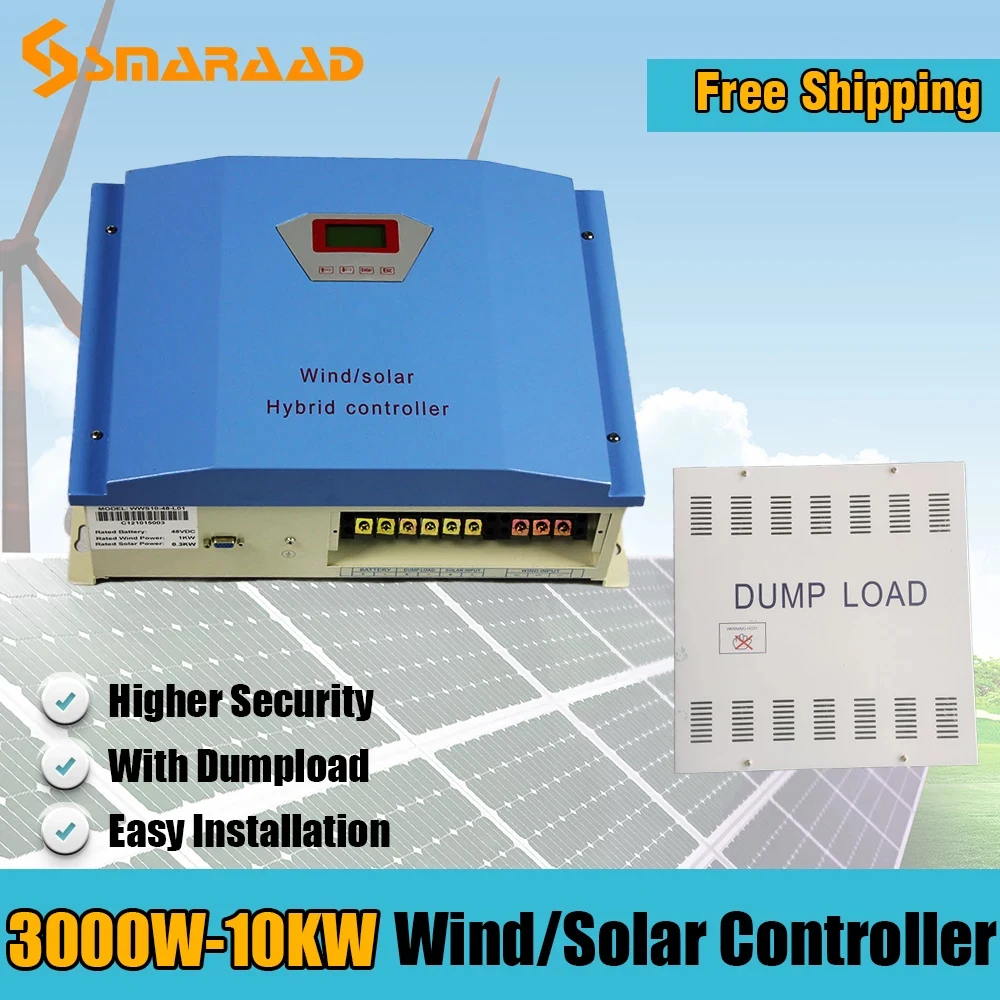 SMARAAD-하이브리드 풍력 발전기, 10000w, 10KW, 3KW, 48VDC, 태양광 PWM 컨트롤러, 덤프로드 입력 전압, LCD 태양 전지 패널