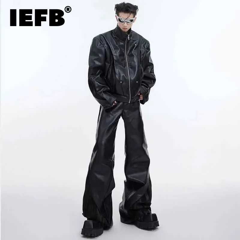 

IEFB Stand Collar Male PU Leather Suit High Street Patchwork Pleated Men's Jackets Solid Color Men Wide Leg Pants Spring 9C4470