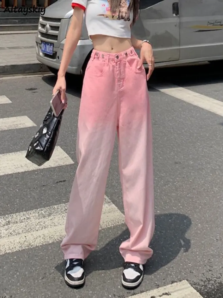 

Gradient Pink Jeans Women High Waist Sweet Full Length Streetwear Loose Casual Korean Style Chic Fashion Female Straight Hot Ins