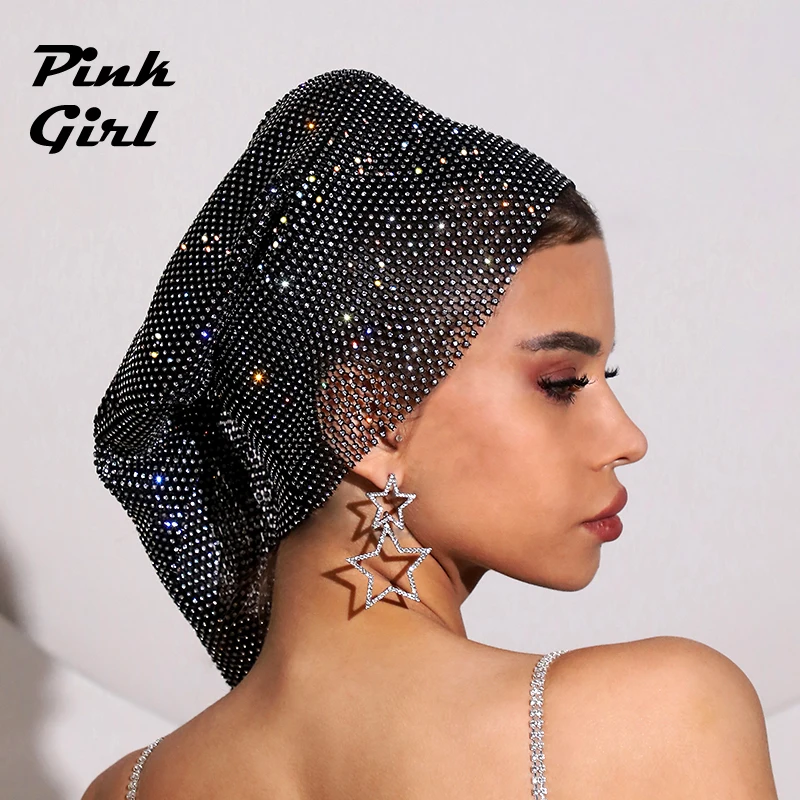 

Fashion Sparkly Crystal Sheer Mesh Long Hair Cap Women Trendy Clothing Accessories Gothic Fishnet Caps Female Hat Party Headgear