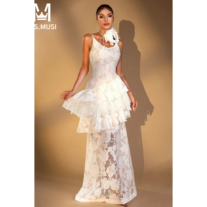 

MSMUSI 2024 New Fashion Women Sexy Strap Floral Lace Mesh Falbala Ruffles Sleeveless Bodycon Party Club Event Maxi Dress Gown