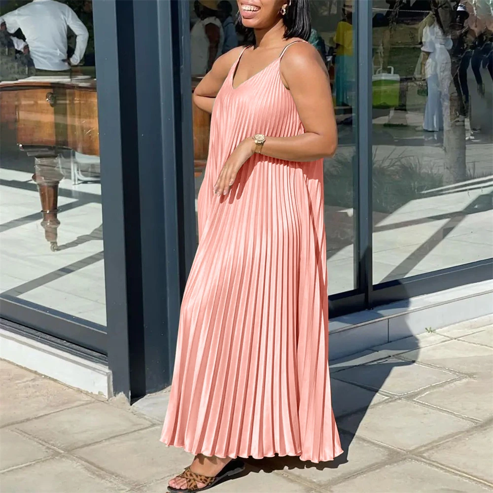 

African Dresses for Plus Size Women Sleeveless Summer Holiday Party Gown Pleated Sundress Strap Long Maxi Dress Ladies Vestidos