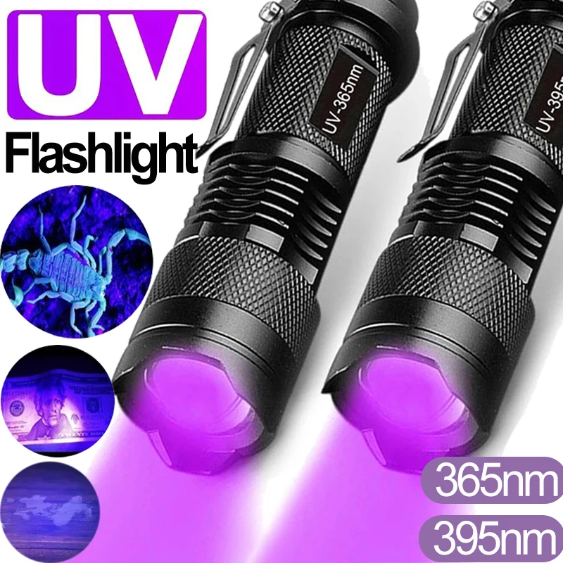 

LED UV Flashlight Mini Zoomable Ultraviolet Lamp Portable 365/395nm Waterproof Torch Violet Light Pet Urine Stain Detection Tool