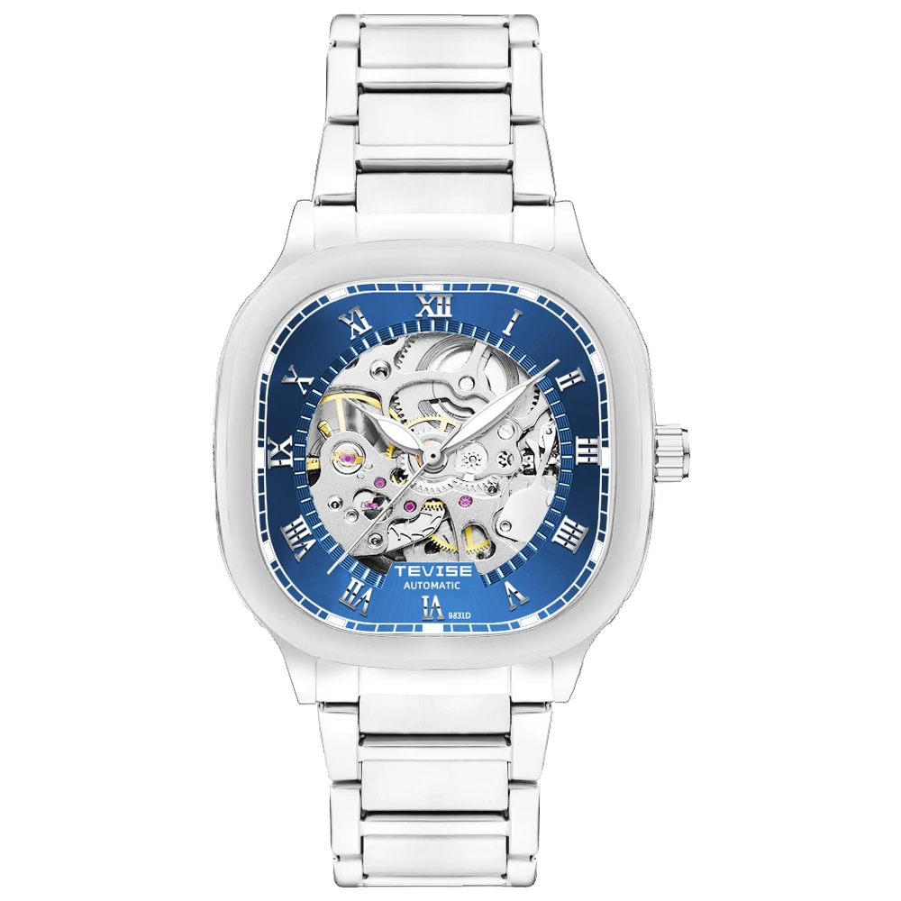 TEVISE New Automatic Watch Mechanical Movement Square Shape Case Skeleton Watch Luminous Fashion Gift
