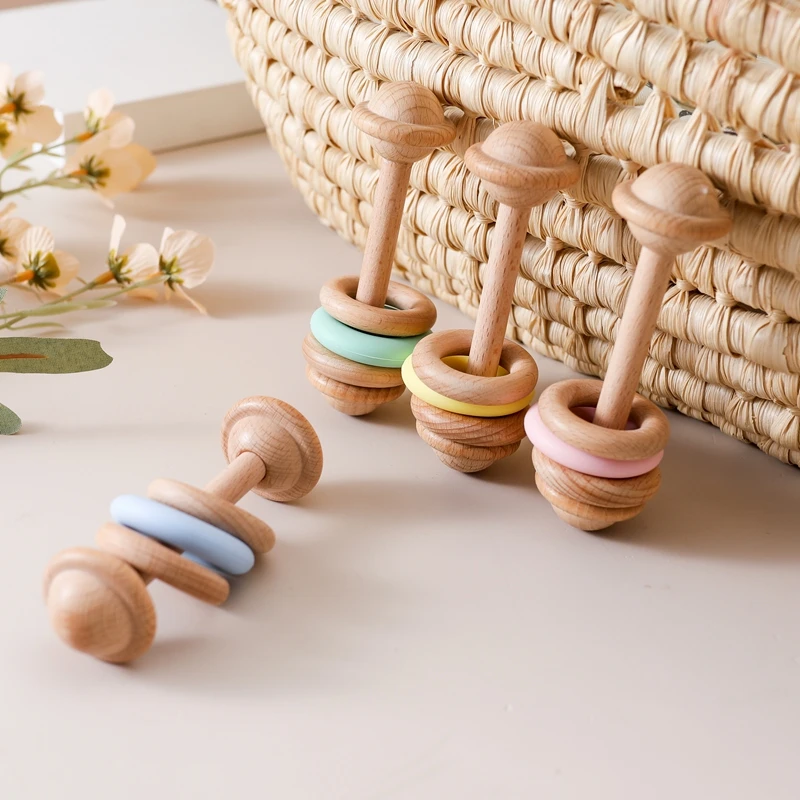 Baby Toys Baby Rattle Toys General Toy Baby Wooden Montessori Toys Music Rattle Hand Bells Teethers Beech Wooden Rings Star Rattle Soother Teether Toys Chew Baby
