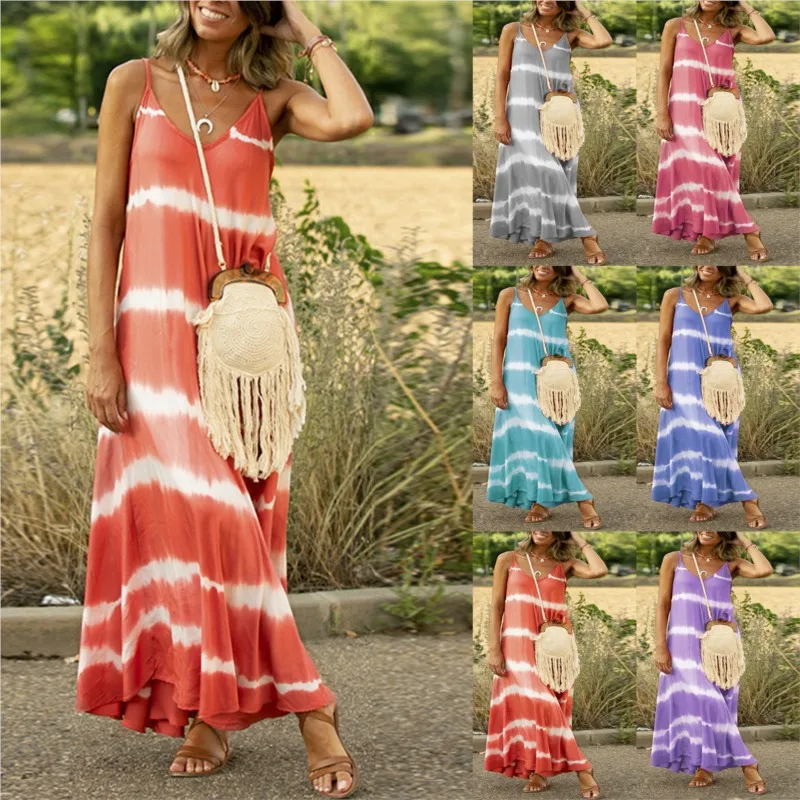 

Tirantes Sensuales De Mujer Sin Mangas Relajadas Vestidos Largos De Primavera Y Verano Empalmados Con Rayas Vestidos De Cuello