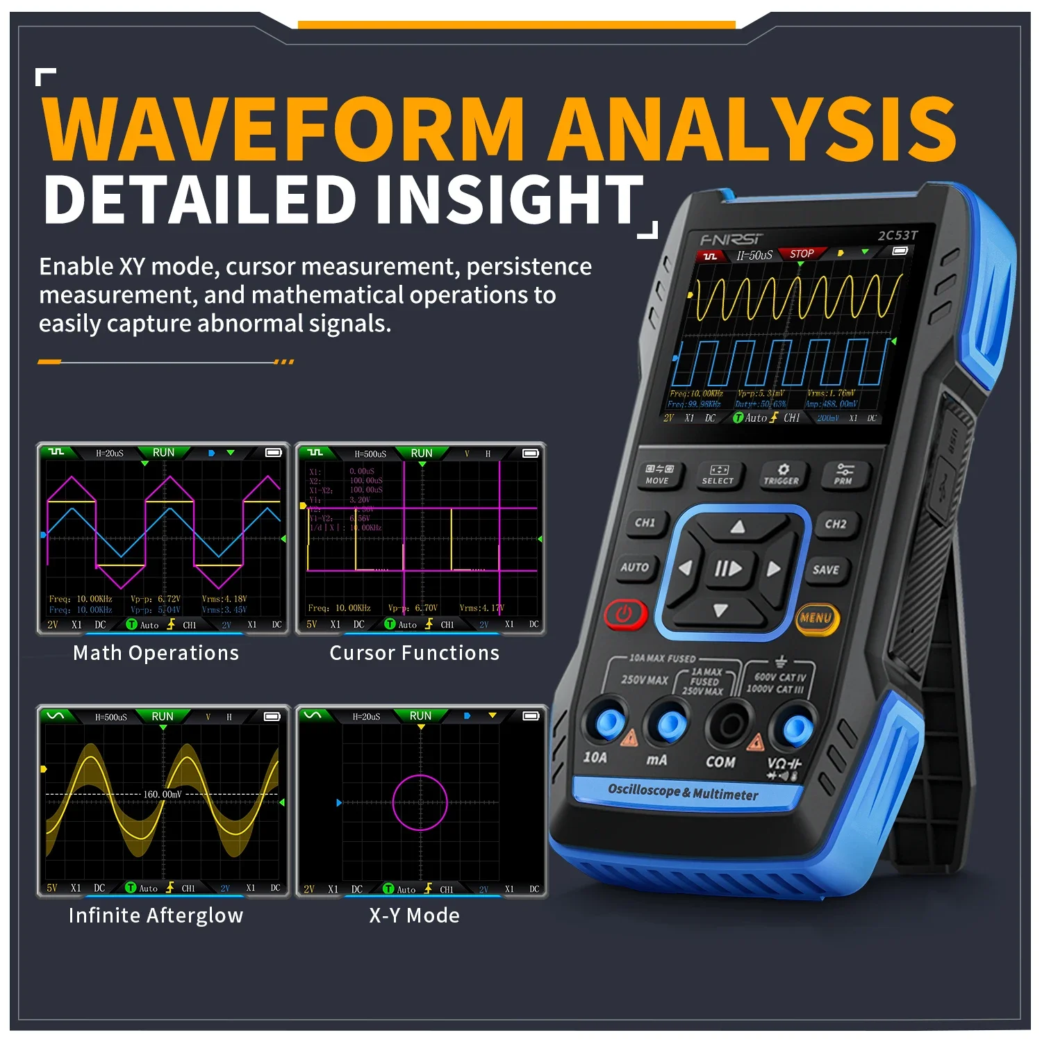 Digital Oscilloscope FNIRSI 2C53T 3 in 1 Professional Oscilloscope Signal Generator Multimeter 20000 Counts Dual Channel 50MHz Bandwidth 250MS Rate digital multimeter,digital oscilloscope,signal generator