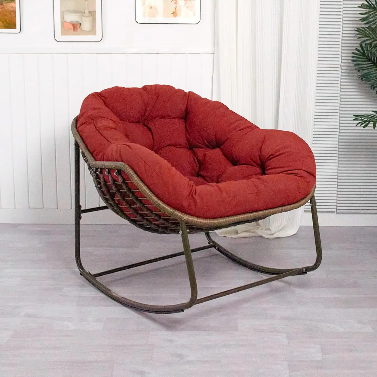 Deluxe Patio Rocking Chair with Padded Cushion, Oversized Rattan Egg Rocking Chair, Indoor & Outdoor, Rocker Recliner Chair