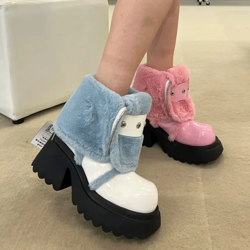 

Ботинки на платформе с пряжкой спереди, теплые плюшевые ботинки до середины икры, на толстом каблуке, на молнии, с лацканами, зимняя обувь