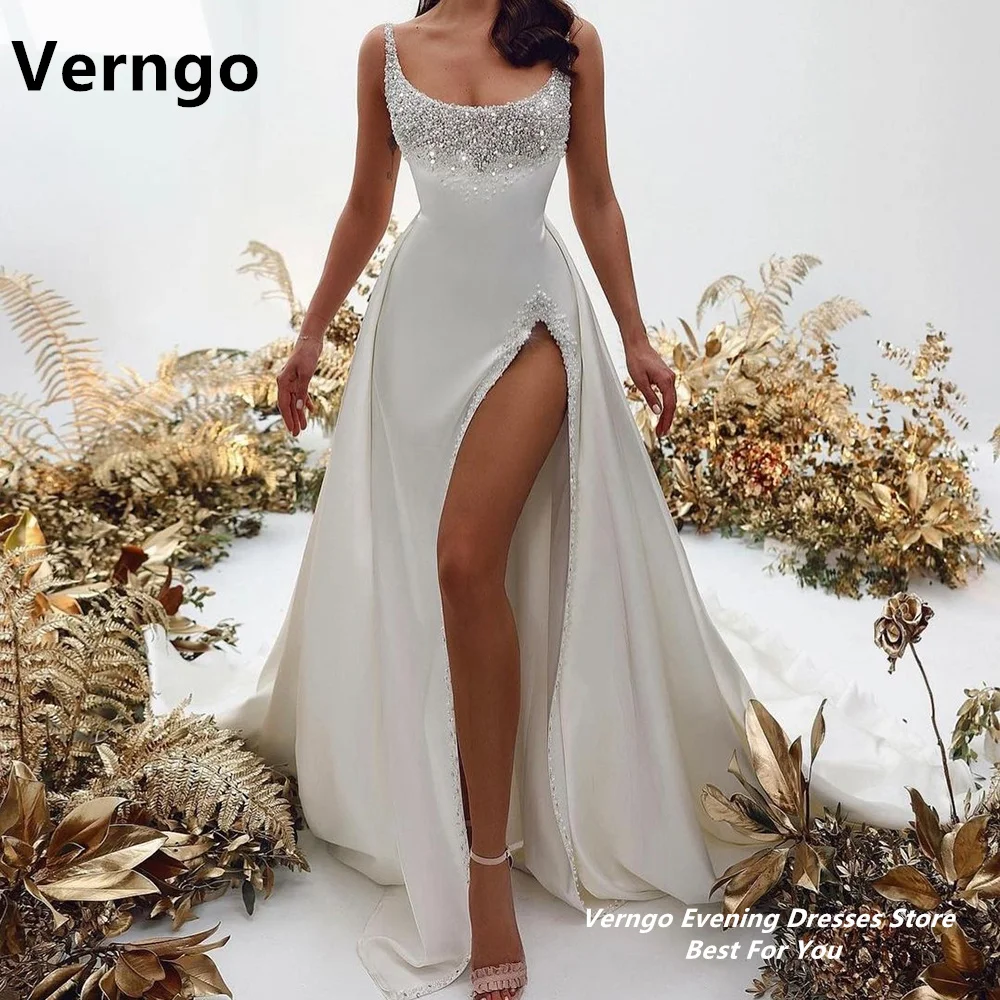 

Verngo Spaghetti Straps Long Dress For Prom Side Slit Evening Gown Sequined Crystal Sexy Shiny Mermaid Long Party Dress