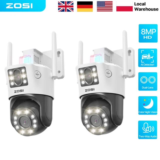 Caméra de sécurité WiFi PTZ ZOSI C298 Max 4K à double objectif (2x4MP) pour extérieur, ultra grand angle, zoom hybride 8X, détection de visage/véhicule, caméra IP 8MP 1