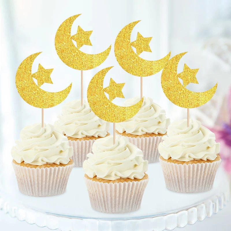 30 or 24Pcs Glitter Moon Cake Toppers and Stars Cupcake Picks Cake Decorations for Baptism Birthday Shower Celebrations