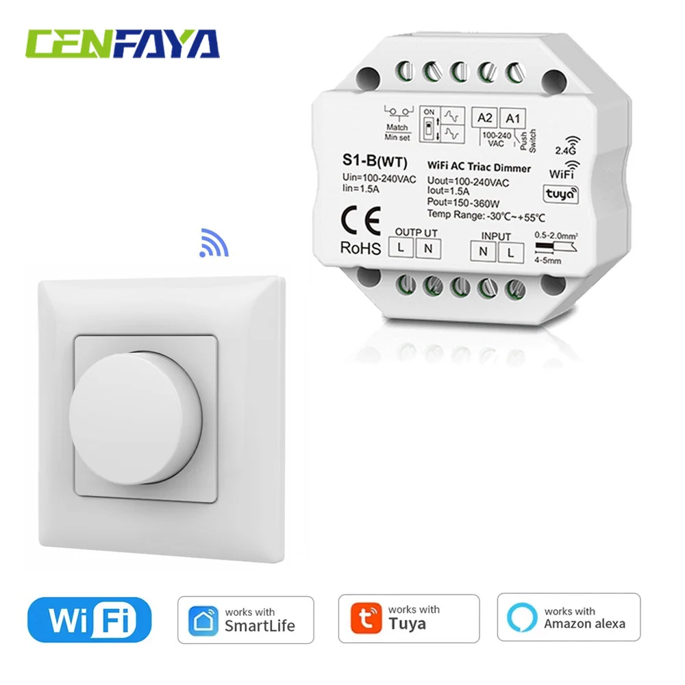 Tuya Smart Life WiFi AC Triac Dimmer Controller Push Switch 2.4G Wireless Rotary Knob Dimming Remote for Alexa Google Assistant