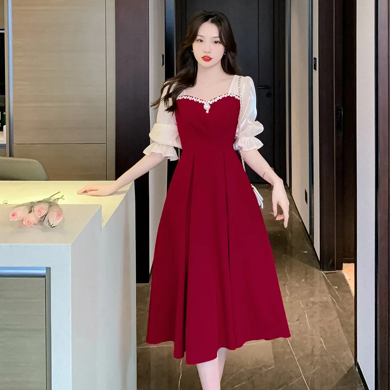 

Женское платье с квадратным вырезом, элегантное весеннее платье с квадратным вырезом и соединением из бисера, 2023