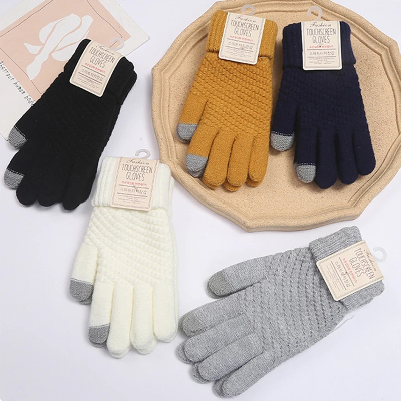 

Winter Touch Screen Gloves Women Men Warm Stretch Knit Mittens Imitation Wool Full Finger Guantes Female Crochet Luvas Thicken