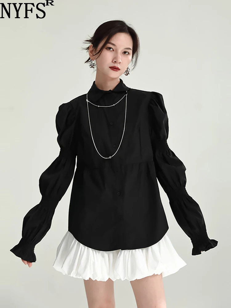

NYFS 2023 Spring Autumn New Woman Tops Single Breasted Solid Temperament Shirts Puff Sleeves Blouse