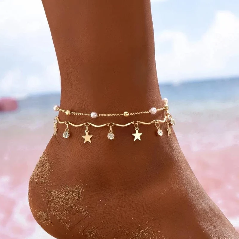 Boho Anklet Foot Chain Summer Bracelet Tassel Star Crystal Pendant Charm Anklet Sandals Barefoot Beach Foot Bridal Jewelry J022 1