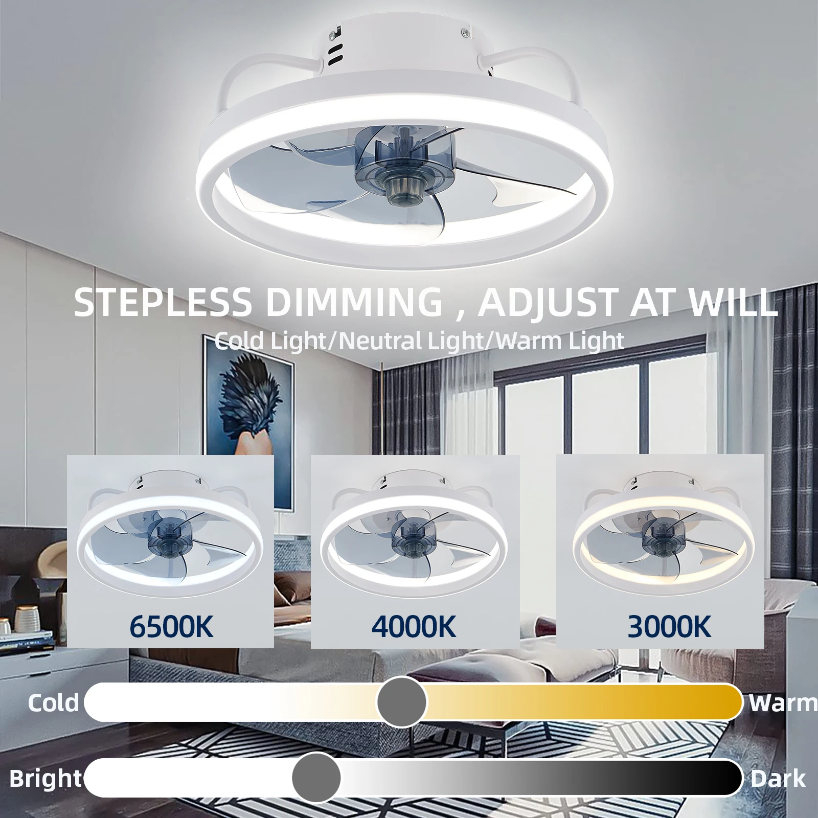 LED ceiling fan light DC motor with light power 55W bedroom decoration ventilation fan ligh90V~265V invisible blade mute 3