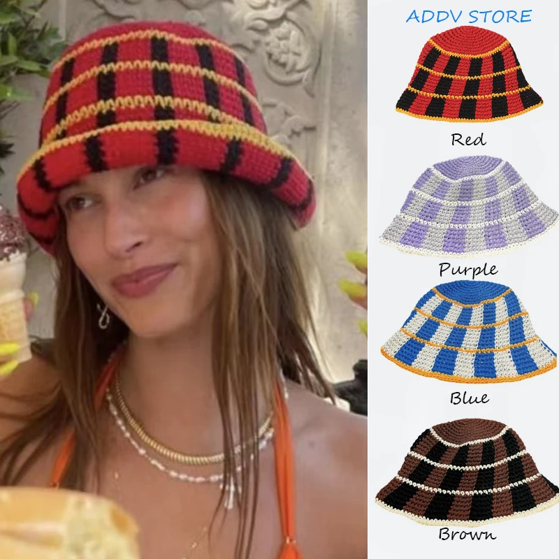 

Korea Handmade Crochet Striped Bucket Hats for Women Spring Summer Fisherman Hat Outdoor Sunshade Caps Ladies Panama Gorras