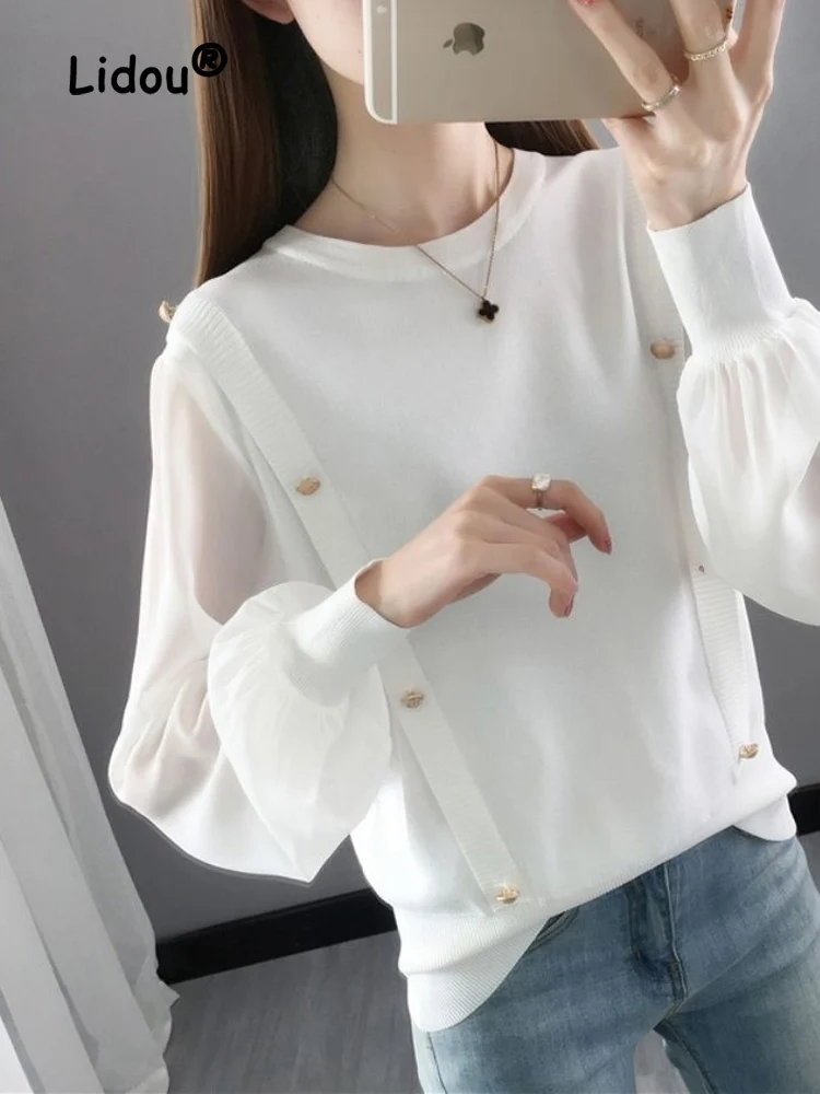 Fashion Elegance Bright Line Decoration Button White Chiffon Pullover Shirt New Classic Long Sleeve Round Neck Temperament Top