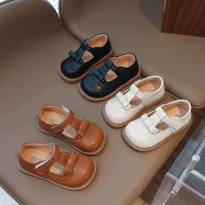 

Spring Autumn Baby Girls Leather Shoes Retro Style Kids Bow Princess Shoes Non-slip Soft Sole Children Casual Shoes Size 21-30