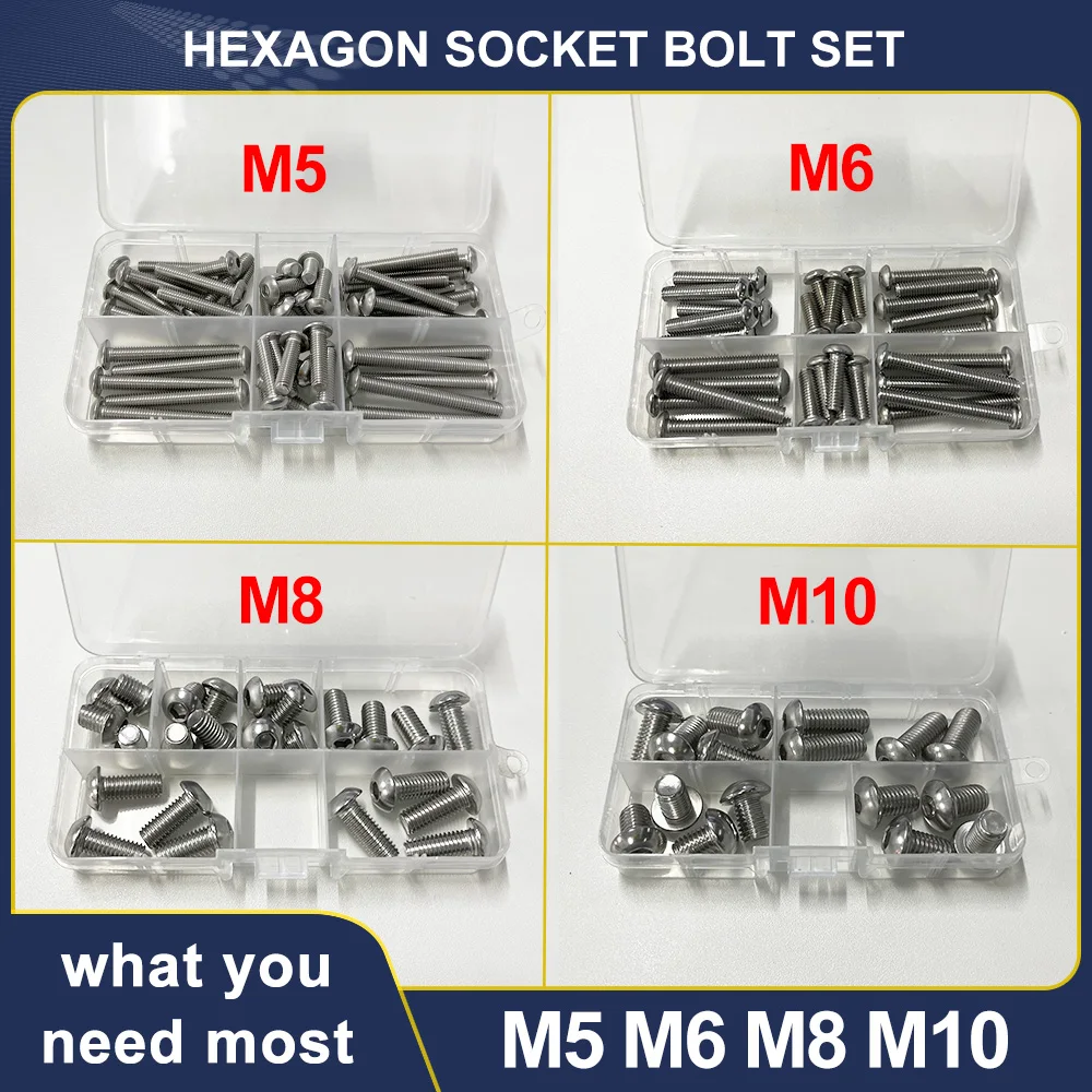 

M5 M6 M8 M10 304 Stainless Steel Hex Socket Screw Bolt Set Hexagon Button Cap Head Thread Metric Machine Bolt Assortment Kit