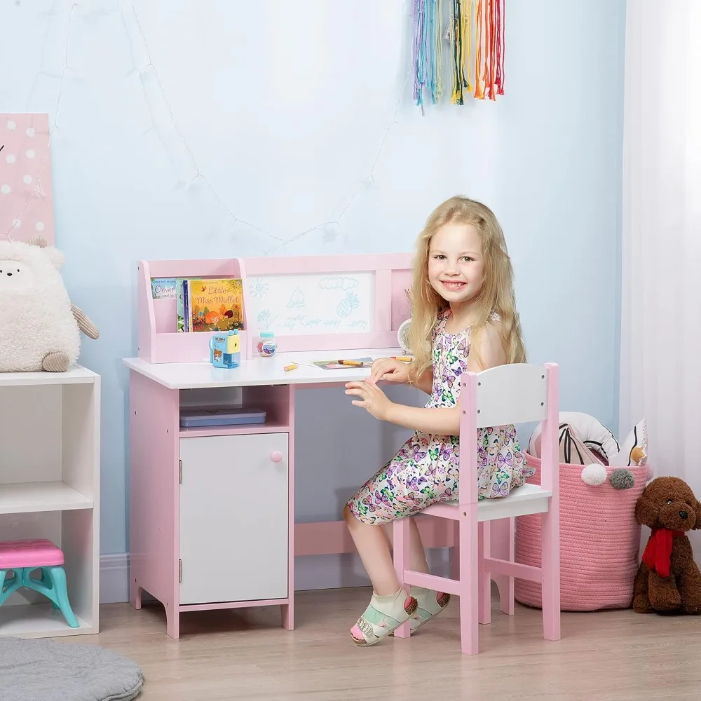 Toddler Desk and Chair Set, Kids Writing Desk Study Table for Children with Whiteboard, Storage Cabinet, Child Furniture 2