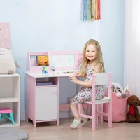 Toddler Desk and Chair Set, Kids Writing Desk Study Table for Children with Whiteboard, Storage Cabinet, Child Furniture 2