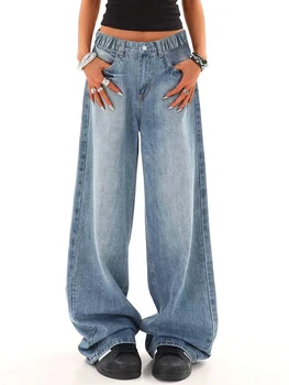 Vintage-washed relaxed straight-leg denim jeans with a preppy style for young teens, featuring a loose wide-leg design 1