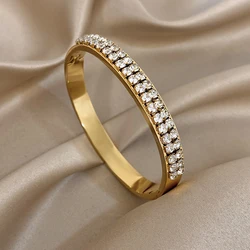 Elegant Square Hollowed Diamond - Studded Open Bangle with Small Chain Design - Luxurious Waterproof Bracelet (D997357B)