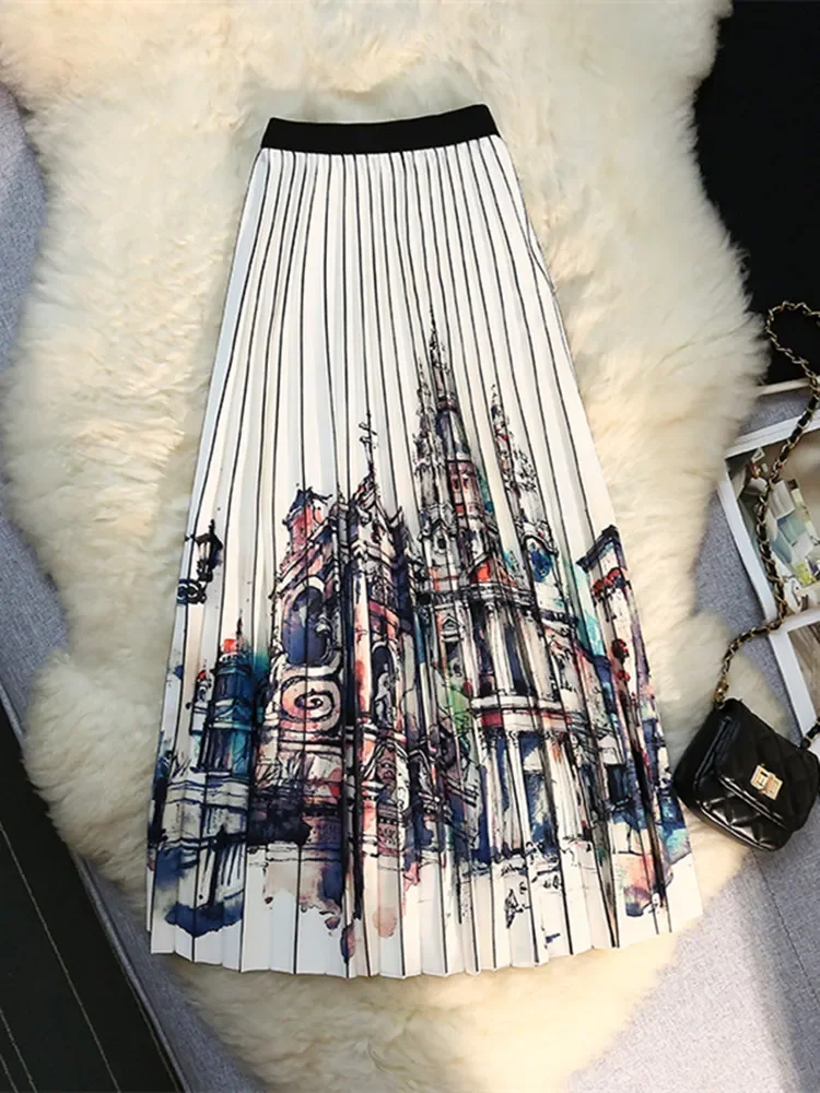 

Summer New Fashion Draped Organ Pleated Skirts Women's Elastic High Waist Retro Abstract Color Print Mid Long Faldas Mujer