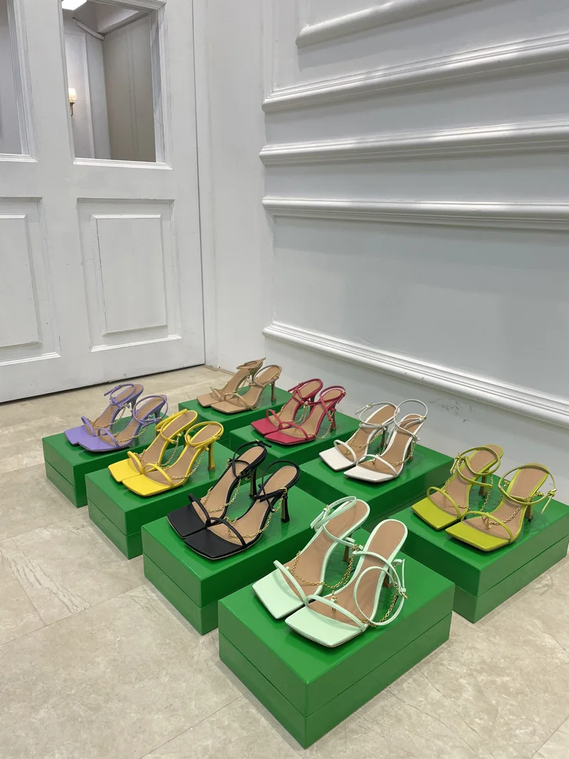 

High Quality 2023 Summer New Sexy Chain Sandals Temperament Macaron Woven Square Head High Heels Slim Heels Female women sandals