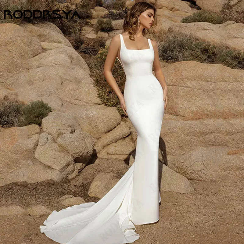 

RODDRSYA Sleeveless Satin Mermaid Bridal Gowns Square Collar Open Back Wedding Dresses Spagehtti Straps Buttons Vestido De Novia