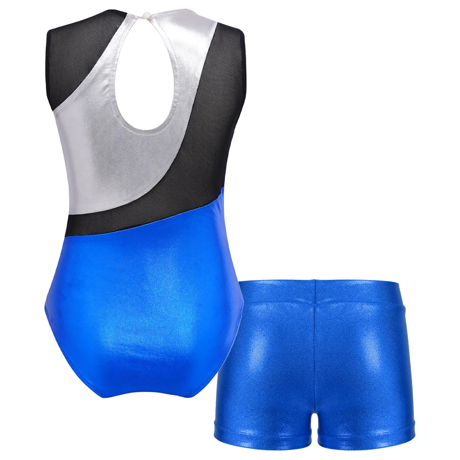 Toddler Kids Girls Metallic Sports Dance Bodysuits Gymnastics Dancewear Sleeveless Keyhole Back Dancing Leotard with Shorts Sets