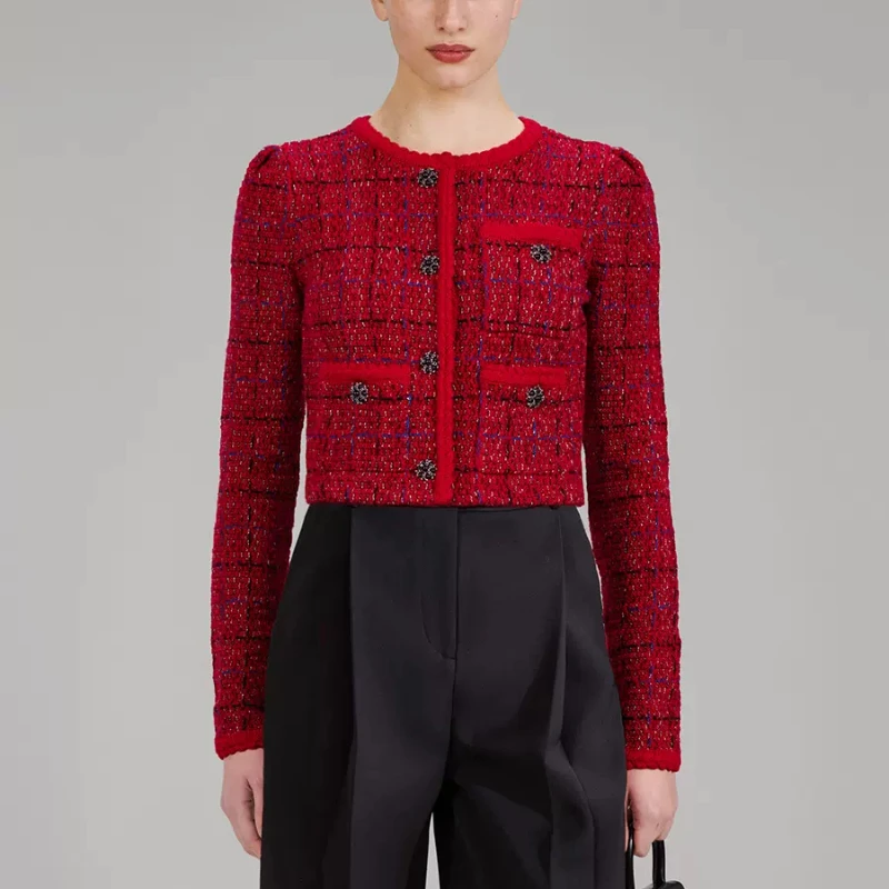 

Zadigant Autumn Winter New Women Round Neck Rhinestones Button Long-sleeved Top / A-line Skirt