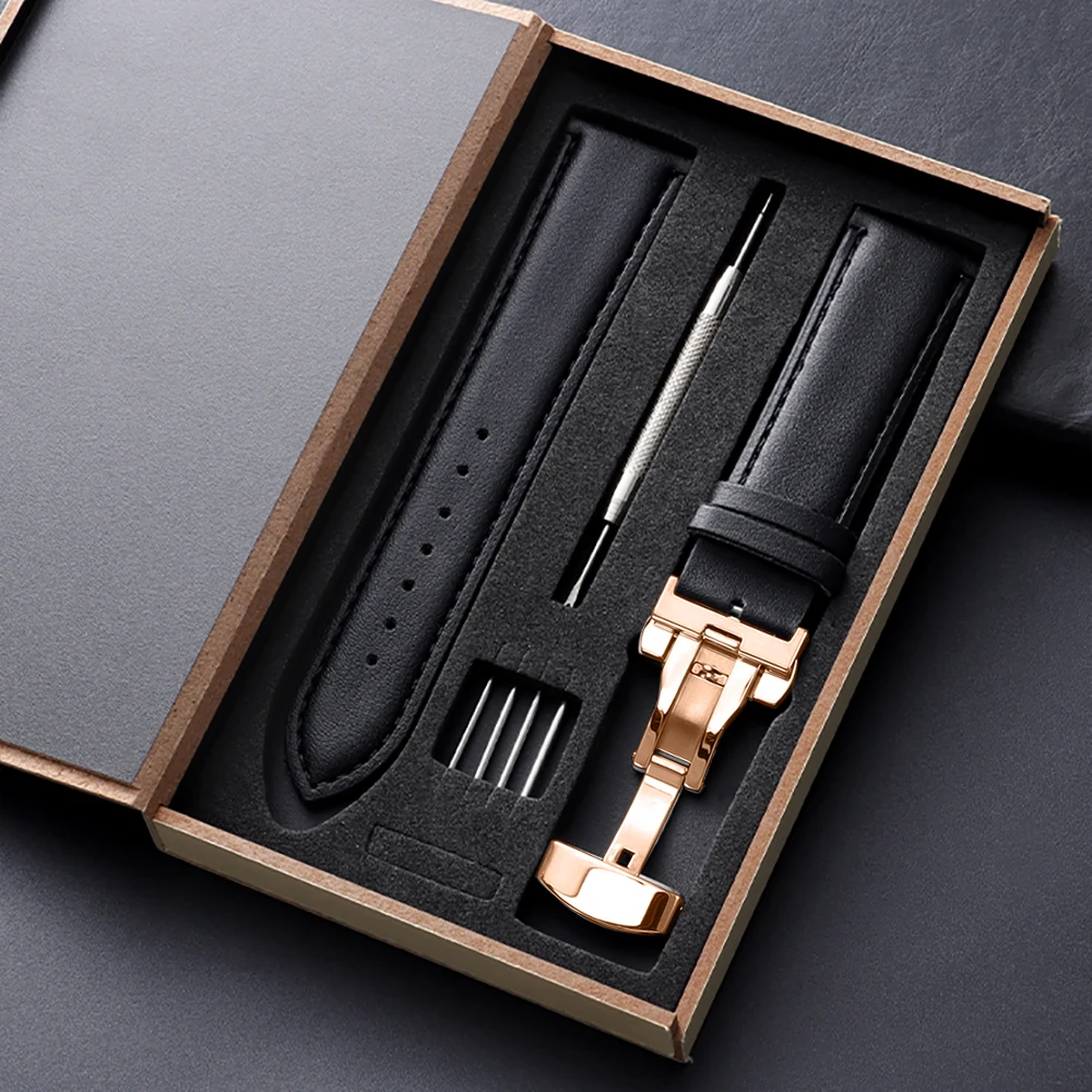 Elegant Vintage Leather Watchband with Butterfly Buckle and Gift Box