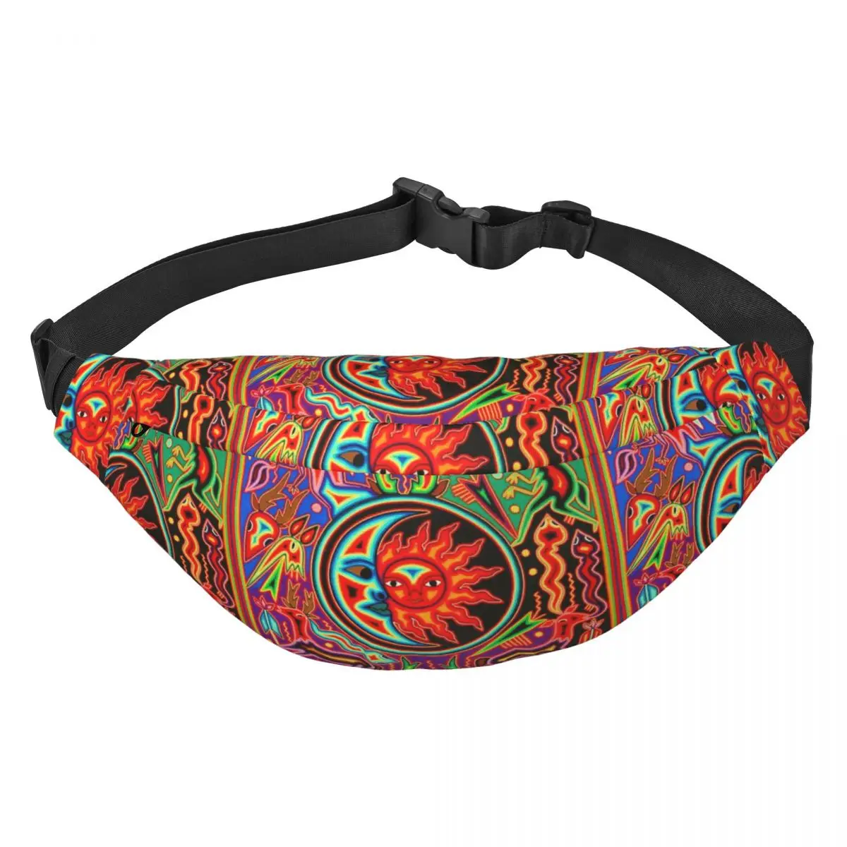 

Mexican Sun Crescent Moon Colorful Huichol Fanny Pack Women Men Custom Sling Crossbody Waist Bag for Running Phone Money Pouch