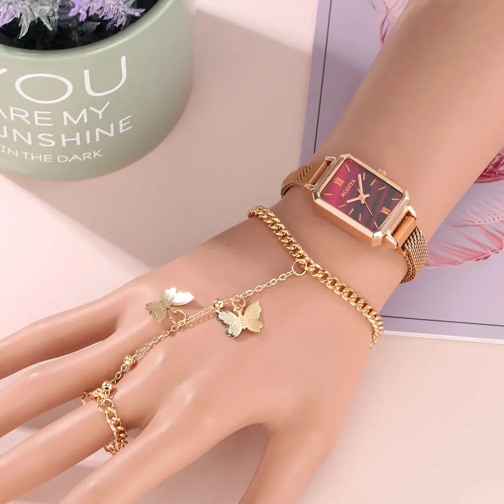 Luxury Ladies Watch Bracelet Gift Set with Box Fashion Square Quartz Wristwatch Butterfly Bracelet Best Gifts for Women Wife Mom