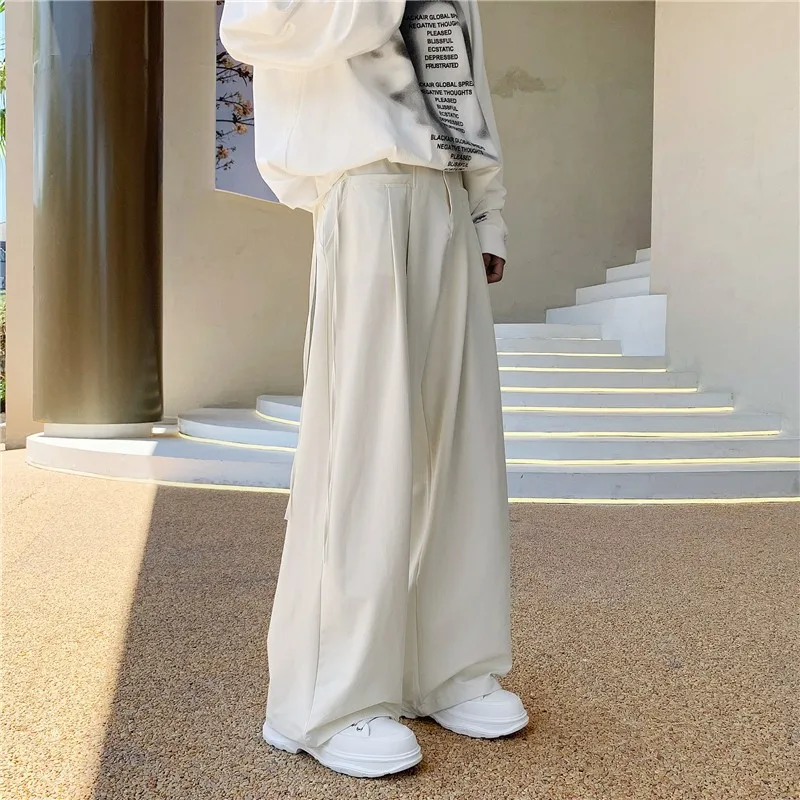 Korean Vintage Design Lace Up Suit Pants for Men's Spring Summer Straight Leg Wide Leg Casual Baggy Pants Street Men Clothing
