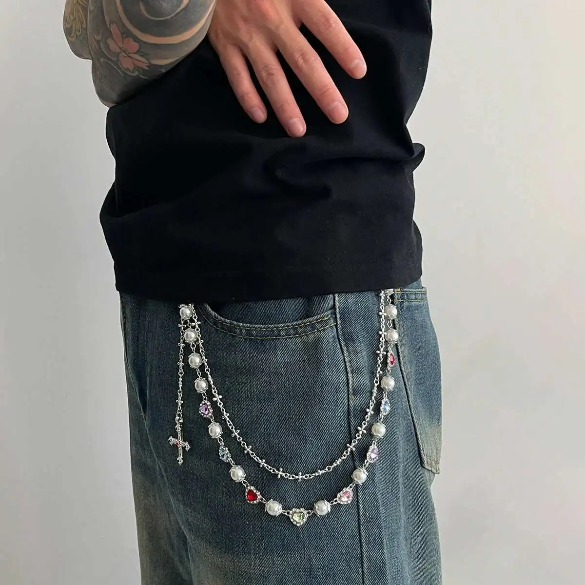 PuRui Doppelschicht Jesus Kreuz Anhänger Jeans Hose Legierung Kette Männer Mode Liebe Herz Bunte Strass Gürtel Kette Y2K Schmuck – Detail 6