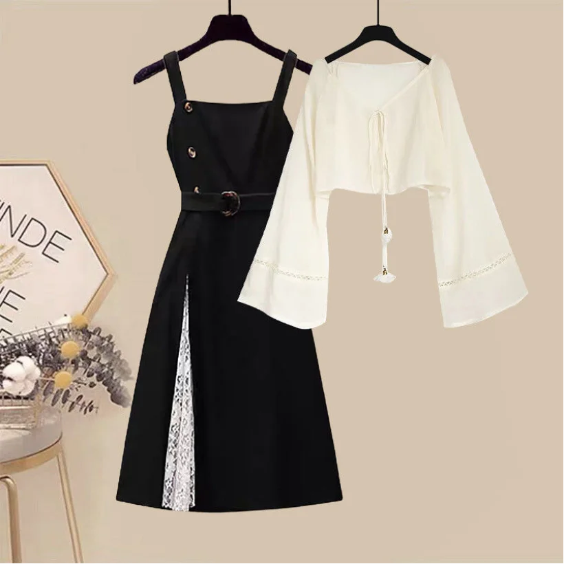 Spring and Autumn Season Set Women's New Korean Edition Slimming Sunscreen Cardigan Black Slippery Dress Two Piece Set Trendy