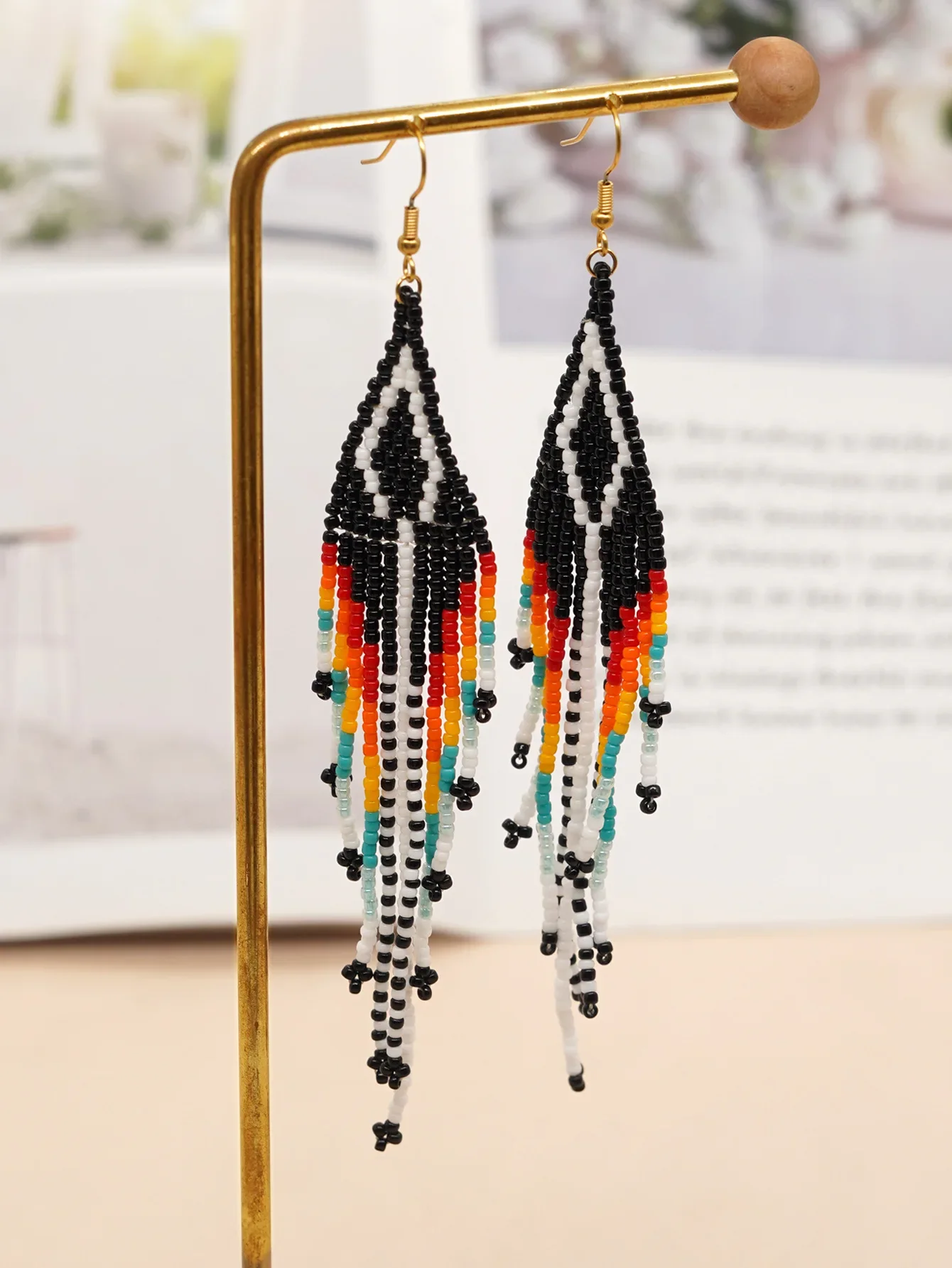 

Rice bead earrings Tassel Gradient Rhomboid Originality Bohemia Hand knitting Alloy Fashion Chroma Simple Beaded earrings