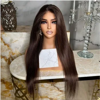 26inch Silk Top Brown Straight 5x5 Silk Base Jewish Human Hair Wig With Baby Hair HD Lace European Hair Preplucked