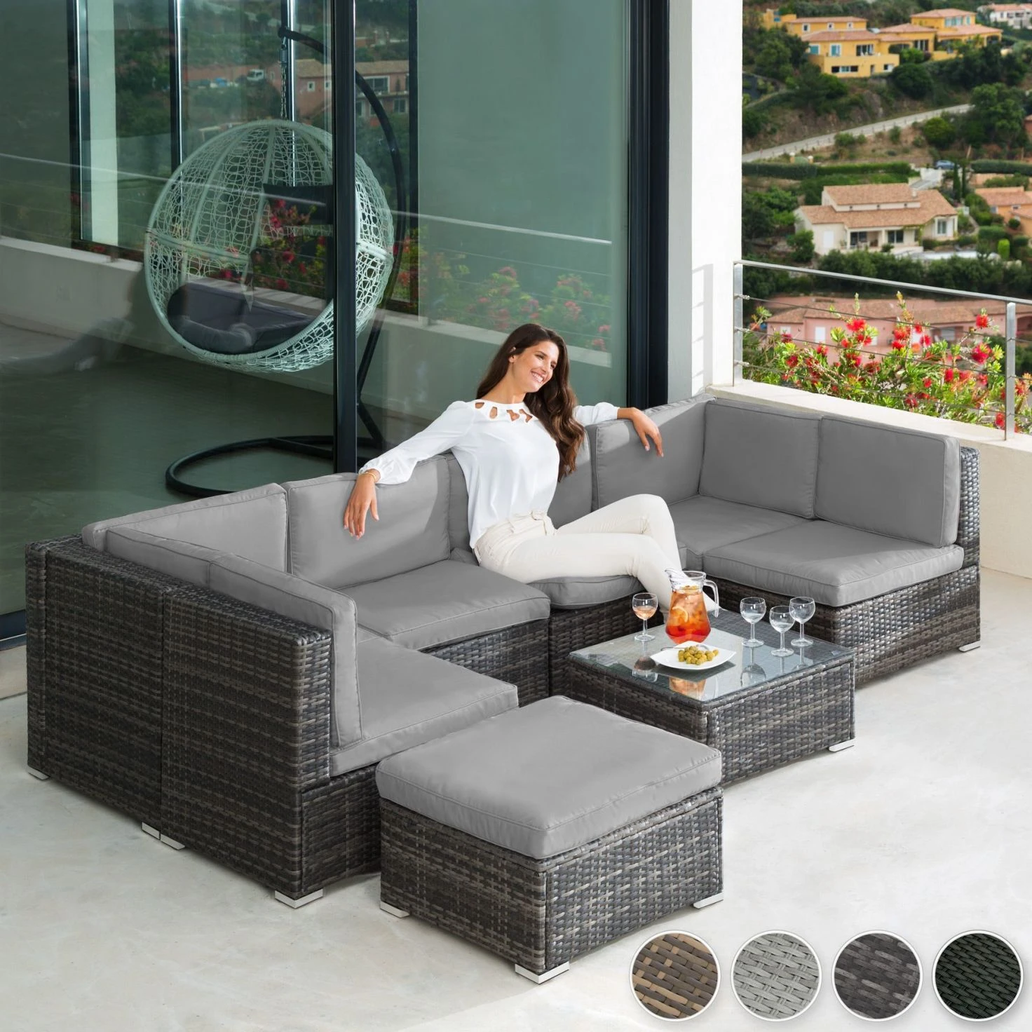 Conjunto de sofás modernos de resina tejida para terraza, muebles de exterior de 6 plazas, sofá mimbre para Patio, combinación de color negro| - AliExpress