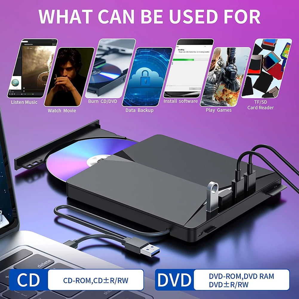 7 In 1 USB3.0 Type-C External CD DVD RW Optical Drive High-Speed Tray Type DVD Burner Recorder Reader Player For Windows 11/10 dvd player