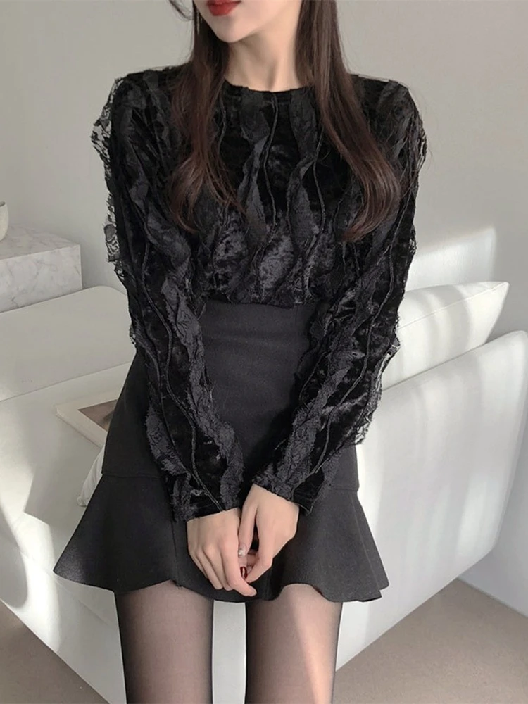 S-Xl New Girls Spring Fall Blouse Womens Shirt Long Sleeves Tops Bud Silk Lace Embroidery Skirts High Waist Two Piece Set Women