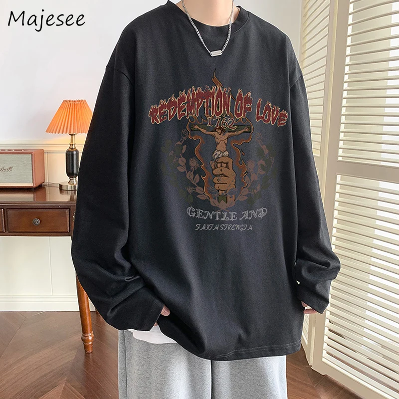 

Men's Long Sleeve T-shirts Autumn Loose Letter Printing O-neck Fashion Casual T Shirts Tops Trendy Popular Baggy All-match Soft