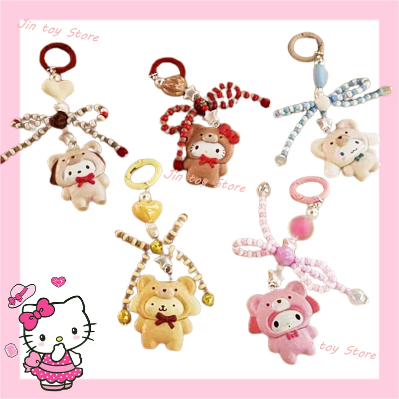 

Kawaii Hello Kitty Sanrio My Melody Pochacco Beaded Bow Pendant 2024 New Cartoon Pom Pom Purin Anti-Lost Mobile Phone Chain Ins